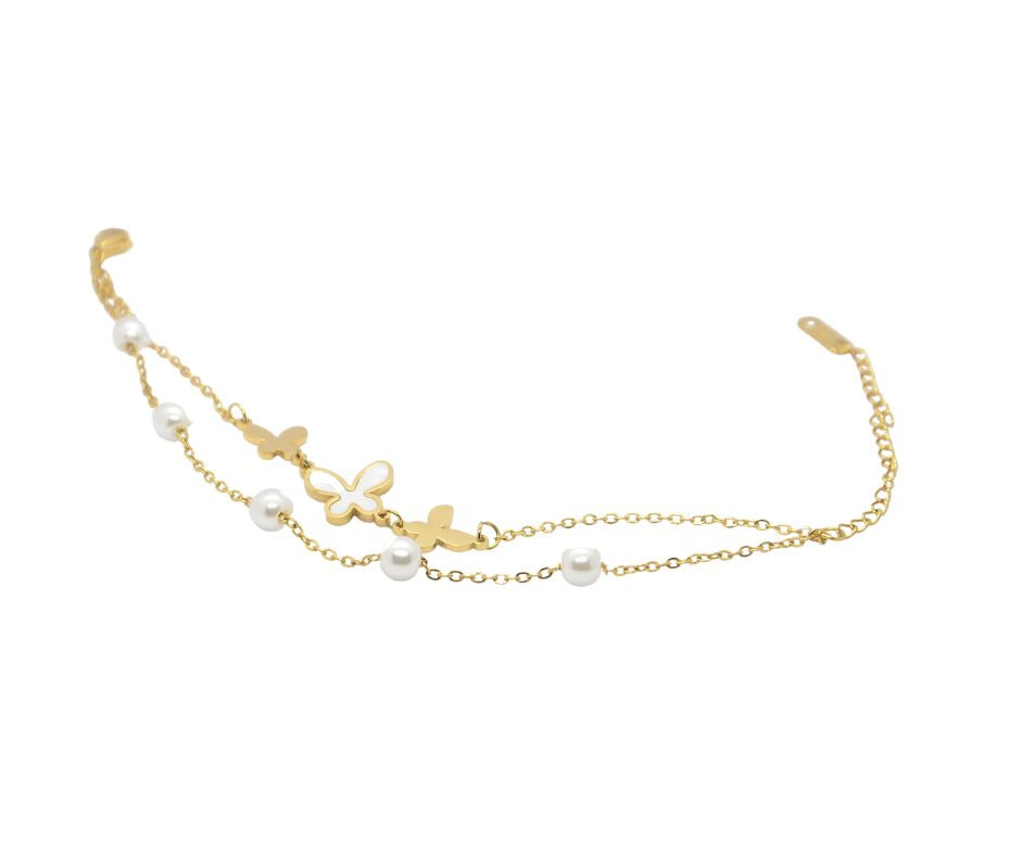 Butterfly Pearl Double Chain Bracelet