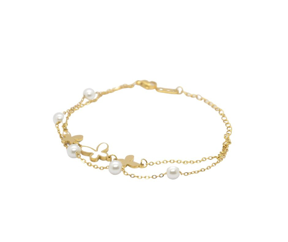 Butterfly Pearl Double Chain Bracelet