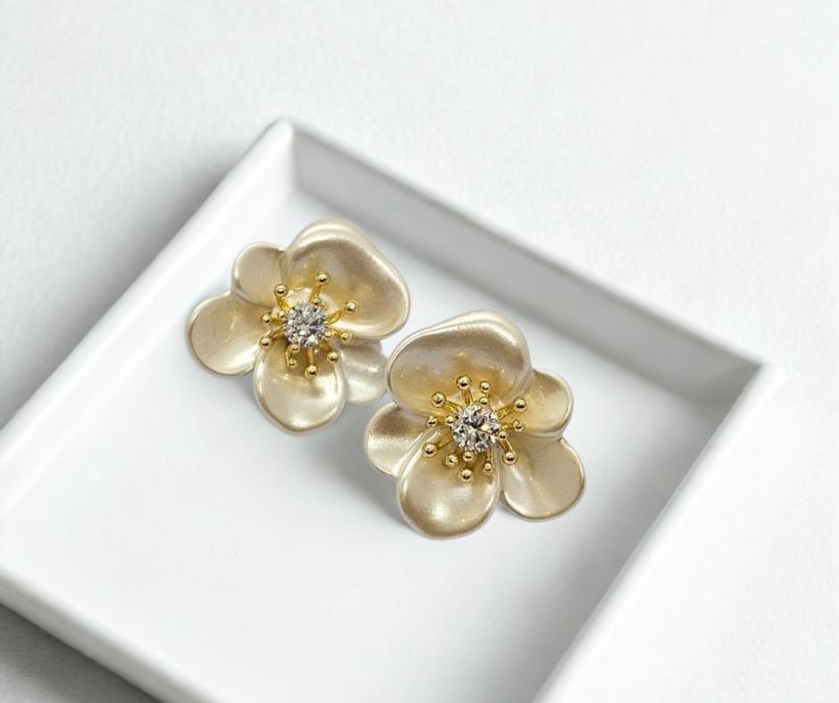 Golden Blossom Pearl Stud Earrings