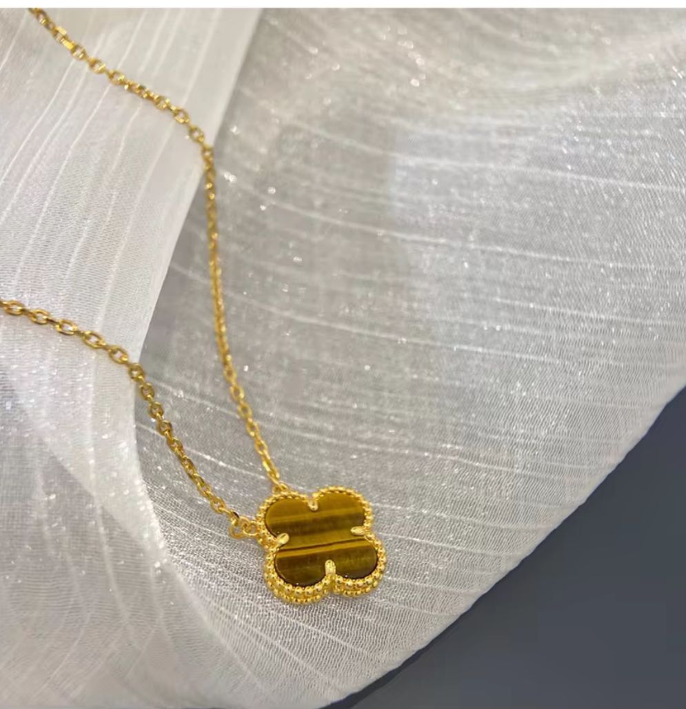 925 Silver - Golden Clover Tiger Eye Necklace
